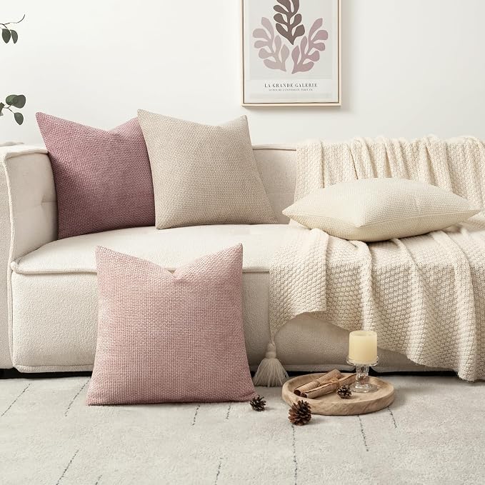 MIULEE Soft Decorative Chenille Pillow Covers Light Pink 20x20 Pack of 4 | Shabby Chic Decor, Romantic Blush Neutral Set, Couch Throw Pillows, Farmhouse Boho Cushion Covers for Sofa Bed Living Room