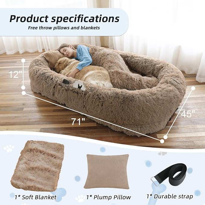 WROS Human Dog Bed for Adult, 71"x45"x12" Giant Calming Nest Beds, Khaki | Washable Soft Faux Fur Cover, Orthopedic Foam Support, Non-slip Bottom, Includes Blanket, Strap & Pillow
