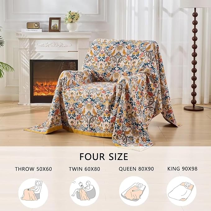 Boho Throw Blanket Farmhouse Decor Throw Blanket Bohemian Blanket for Bed 100% Cotton Muslin Woven Couch Blanket All Seasons Quilt Bedroom (A-Whiite, 80"x90")
