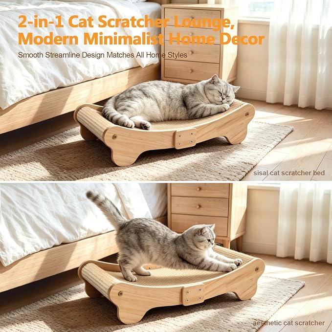 Large Sisal Cat Scratcher Bed Wooden Scratching Pad for Indoor Large Cats | 2-in-1 beech wood scratcher bed with thick woven sisal. Cats scratch & relax, large size shields furniture from scratches.