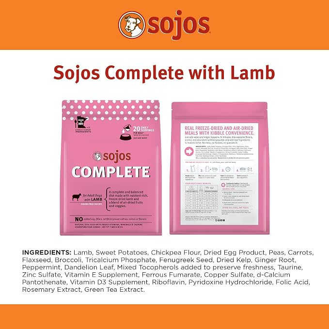 Sojos Complete Freeze Dried Raw Adult Dry Dog Food, Grain Free, Natural, Lamb Recipe, 1.75 lb Bag