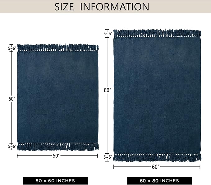 Chenille Throw Blanket for Couch 50" x 60", Navy Blue | Soft Cozy Warm Throws with Fringe Tassel, for Living Room Bed Sofa Chair Cover, Lightweight Knitted Decorative Boho Blankets