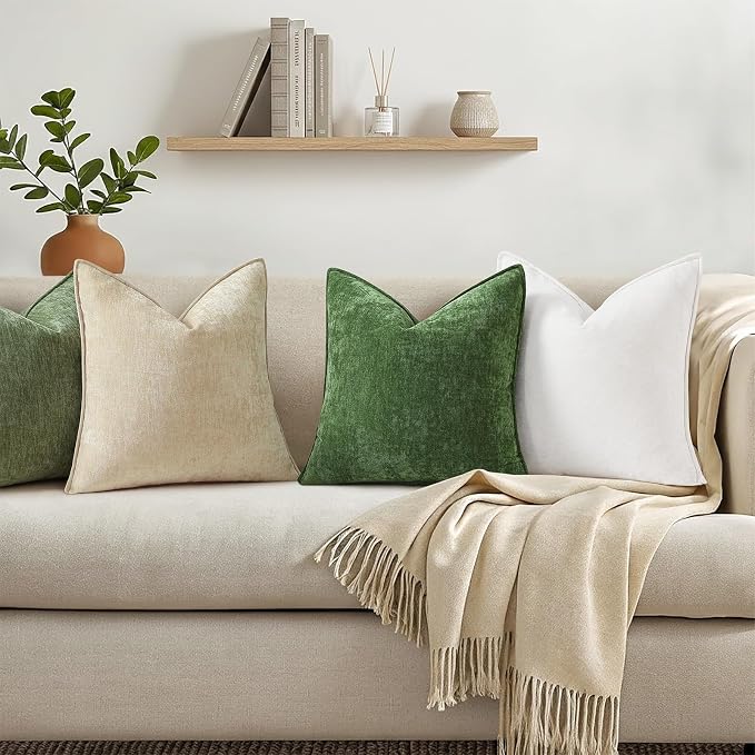 decorUhome Chenille Moss Green Velvet Throw Pillow Covers 20x20 Set of 2 | Fall Soft Couch Decorative Modern Farmhouse Pillow Cases with Elegant Design for Sofa Bed Living Room Home Decor