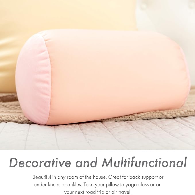 Microbead Bolster Neck Roll Pillow, Gently On Body, Head, Neck & Shoulders No Pain Rest, Relax Sleep - Silky Feel Prevent Wrinkles & Hair Breakage - Lightweight Cylinder Tube, 14" x 8", Cream Peach