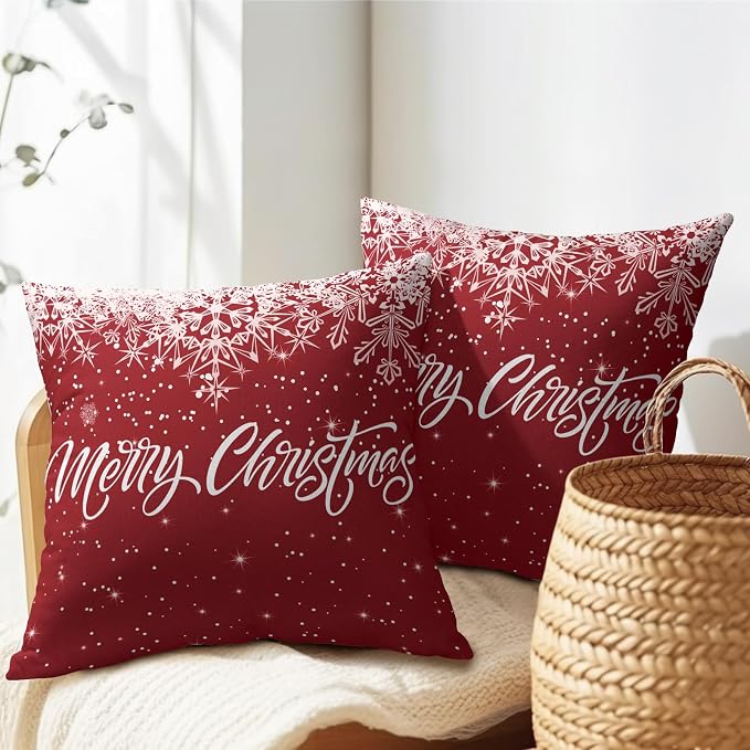 Kawani Merry Christmas Throw Pillow Cover, 20 x 20 Inch Xmas Red Snowflakes Winter Holiday Decorative Cushion Case Linen Cotton Pillowcase for Sofa Couch Bed Room Car Seat Outdoor