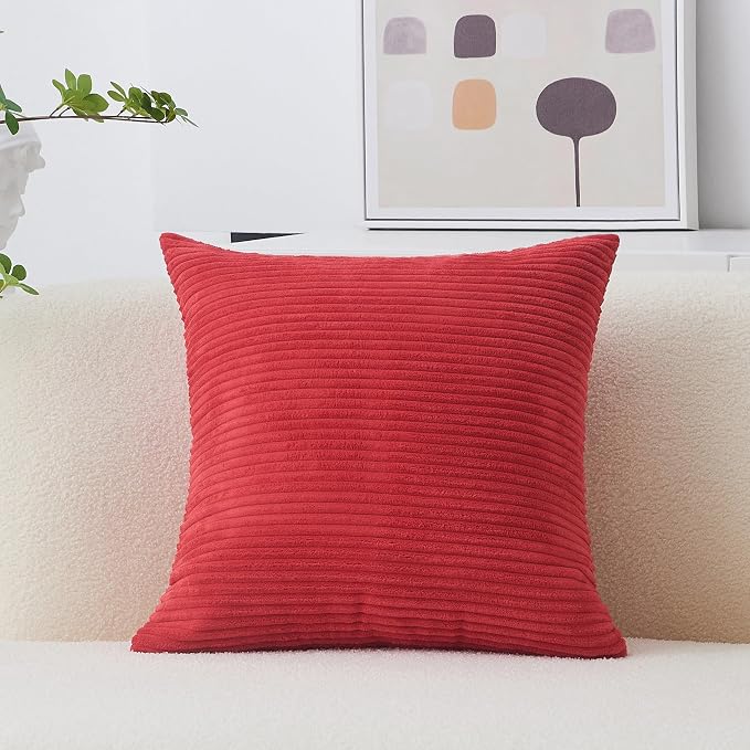 Home Brilliant Pillow Cover 18x18 Red Throw Pillow Covers Striped Velvet Corduroy Throw Pillows for Couch Sofa Bedroom, 18 x 18 inch, Red