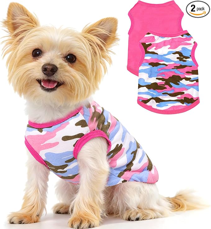 2 Pack Dog Shirt for Small Dogs Girl Boy Camouflage Puppy Clothes Pet T Shirts Dog Clothes for Small Dogs Cats Apparel (Pink Camouflage + Solid Color, Medium)