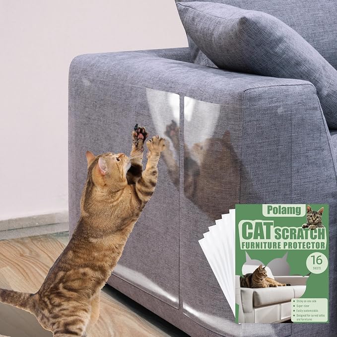 Cat Scratch Furniture Protector-16-Pack –Single-Sided, Heavy-Duty Self-Adhesive Tape, No-Residue for Couch, Doors & Walls - NO PINS