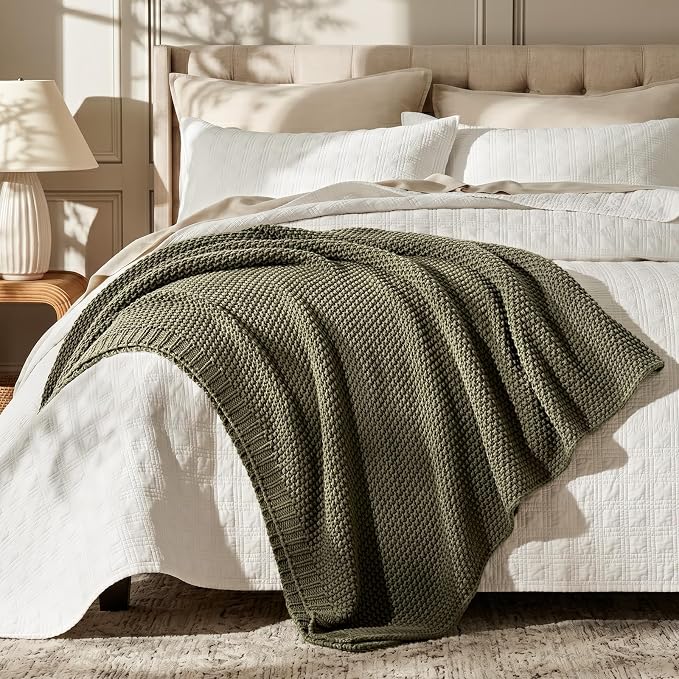 Organic Cotton Chunky Knit Throw Blanket, 50 x 60 Olive Green | OCS Certified Organic Cotton, Seed Stitch Knit, Soft & Breathable, Cozy Midweight, Decorative Throw for Couch, Bed & Sofa