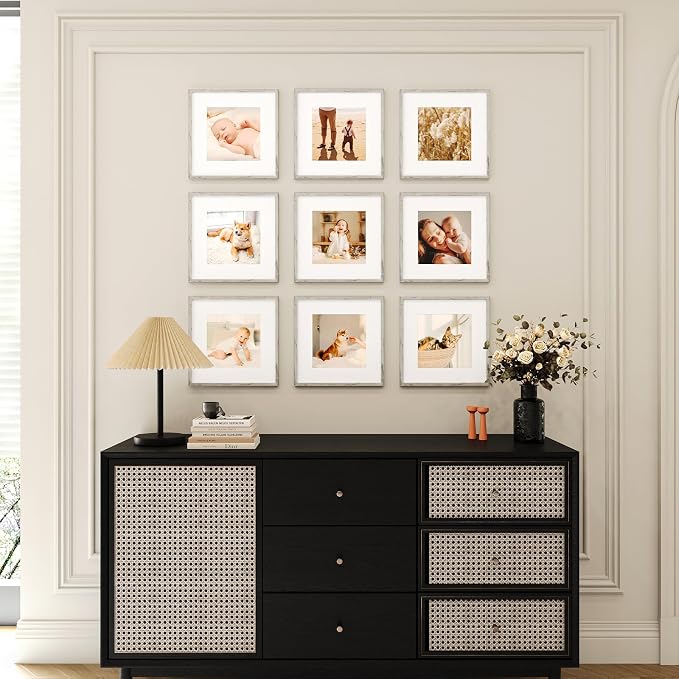 8x8 Picture Frame Set of 9, Display Pictures 4x4 with Mat or 8x8 without Mat, Multi Collage Gallery Square Photo Frames for Wall or Tabletop, Distressed Gray