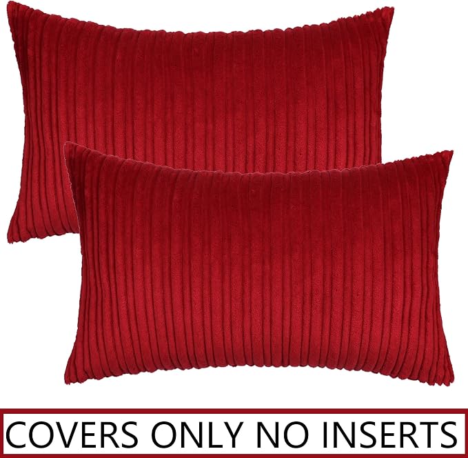UGASA Pack of 2 Christmas Velvet Pillow Covers Striped, Soft Textured Throw Cushion Accent Corduroy Lumbar Hidden Zipper for Home Decor Indoor (12"x20", Burgundy)