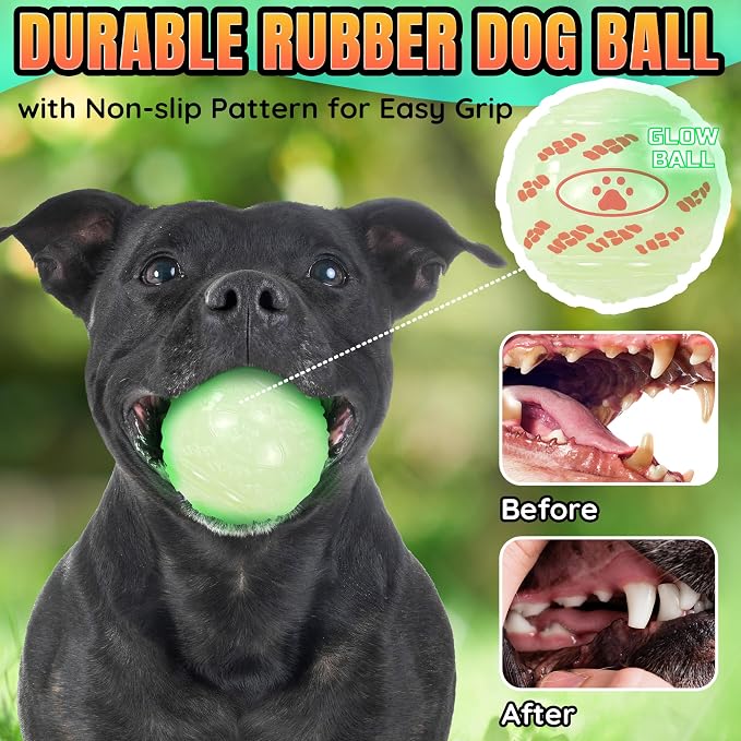 LECHONG 4-Pack 2.5” Glow in The Dark Squeaky Dog Balls, Durable Glowing Bouncy Rubber Fetch Toy Balls for Small Medium Puppy Dogs Nighttime Playing Indoors and Outdoors
