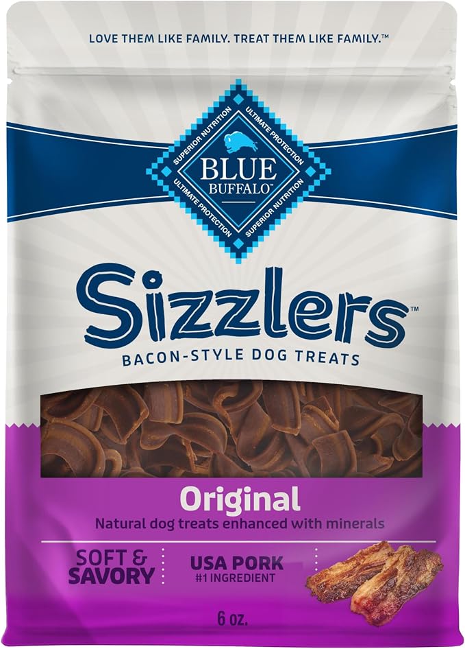 Blue Buffalo Sizzlers Pork Bacon-Style Dog Treats, 6 oz | Real USA Pork First, Soft & Chewy Texture, Tear for Portion Control, No Red 40, BHA, Corn, Wheat, or Soy