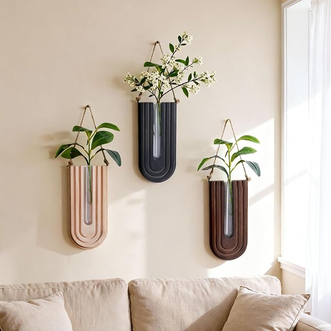 Wooden Wall Vase Set of 3, Propagation Vases Hanging Planters for Indoor Plants, Wall Mounted Vase Boho Modern Farmhouse Decor for Entryway Hallway