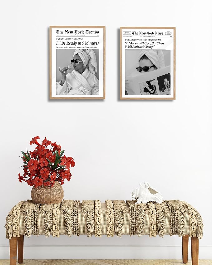 EcoHest Small 8x10 in I'll Be Ready in 5 Minutes Newspaper Framed Wall Art | Natural Oak Wood Frame with Canvas Wall Art, Feminist Newspaper Wall Decor for Bathroom, Bedroom, Apartment, Dorm Room, 1Pack