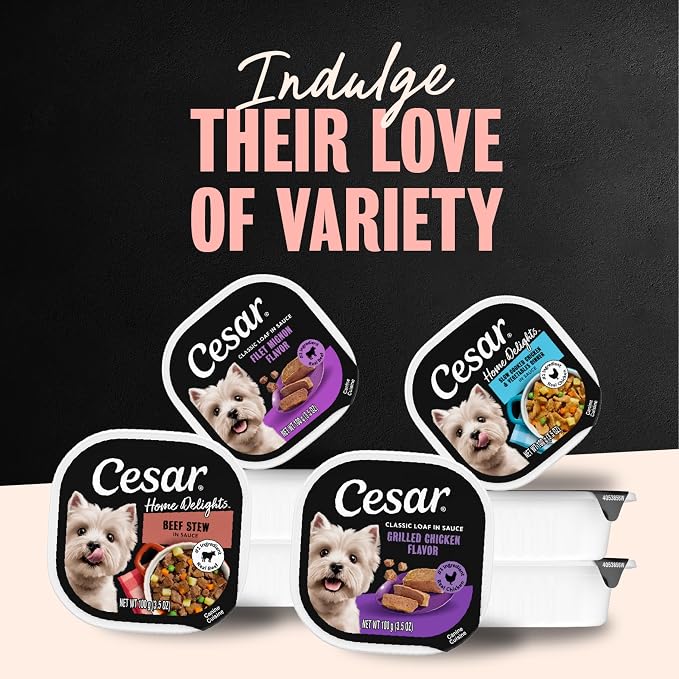 Cesar Home Delights & Loaf Wet Dog Food, Variety Lovers, 3.5 oz, 36 Count | Real meat #1 ingredient, slow-cooked for tender texture, no fillers or artificial flavors, easy to digest, easy peel trays