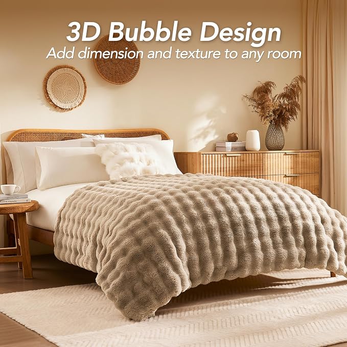 L'AGRATY Faux Rabbit Fur Throw Blanket for Couch, 90'' x 90'', Light Linen | Soft Cozy Bubble Fluffy Blanket for Sofa Bed, Thick Warm Plush Fuzzy Throw for Room Home Decor, Luxury Gift for Women Mom