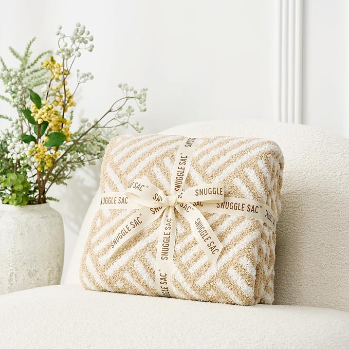 Snuggle Sac Ultra Soft Boho Throw Blanket for Couch Sofa Bed 50x60 inches, Reversible Beige Striped Blanket Microfiber Fluffy Fuzzy Cozy Knit Soft Throws Birthday Gifts for Women