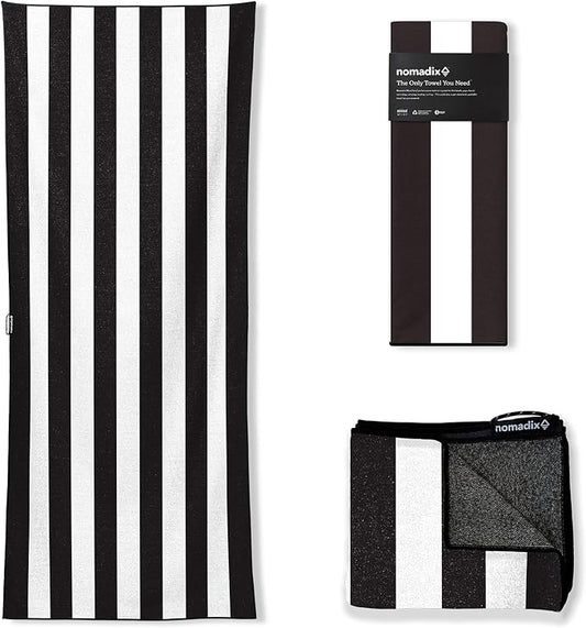 Nomadix Original Towel - Perfect for Beach, Pool, Travel, Camping, Yoga - Made with Recycled Materials - Super Absorbent - Sand Resistant - Cabana Stripe Black - 72.5x30