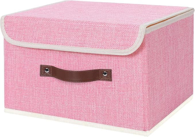 ANMINY Fabric Storage Box Bins with Lids, Pink, 13"x9"x7.9" | Keepsake Memory Storage, Cotton Linen, PP Board Reinforced, Washable, PU Handles, Foldable & Stackable, Decorative, Medium