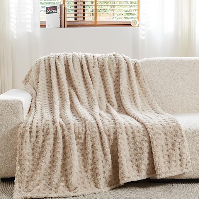 NEWCOSPLAY 3D Waffle Checkered Flannel Twin Blanket, Linen, 60"x80" | Super Soft Cute Lightweight Decorative Premium Silky Fleece Blanket for Couch Sofa Bed, Gift for Women Men, All Season Use