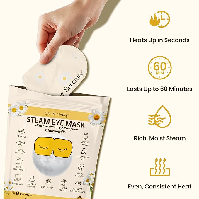 Eye Serenity Steam Eye Mask, Heated Eye Mask, Self Heating Warm Compress for Dry Eyes, Fast Relief for Stye, Puffy Sensitive Eyes, Moist Heat, Mothers Day Gifts for Women and Men - Chamomile