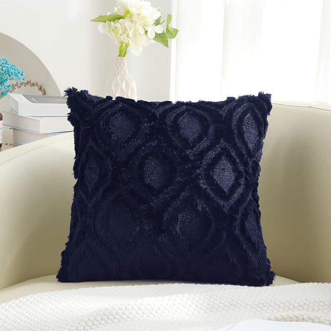decorUhome Faux Fur Plush Soft Navy Blue Throw Pillow Covers 24x24 Set of 2 | Wool Solid Fall Couch Pillow Covers, Accent Modern Farmhouse Neutral Decorative Square Pillow Cases for Sofa Bed Living Room