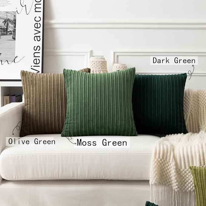 UGASA Velvet 18x18 Inch Soft Throw Pillow Cover Decorative Corduroy Striped Both Sides Solid Square Cushion Case Boho Farmhouse for Couch Bedroom Sofa Home, 1 Piece, Moss Green