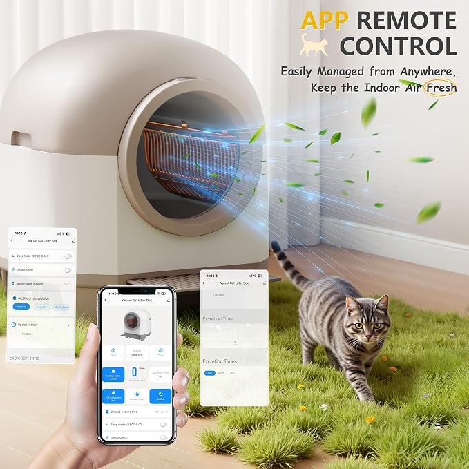 WARCAT Self-Cleaning Litter Box – 90L, APP, Sensors, Brown | 90L large capacity for multiple cats. APP-controlled with smart sensors. Safety protection. Includes mat & 1 garbage bag.