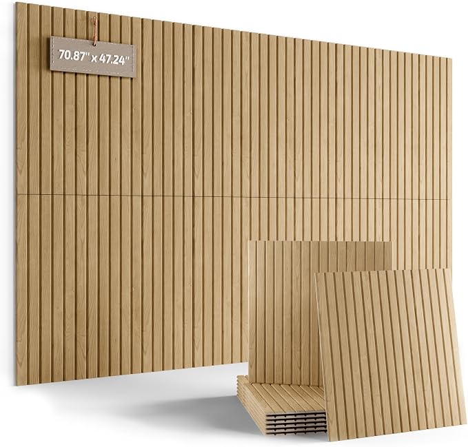 Fluxynara 6-Pack Large Felt Bulletin Board, Natural Oak Slat | 70.87" x 47.24" Cork Board Alternative, Acoustic Wall Panels with 60 Adhesive Tabs for Recording Studios and Home Offices
