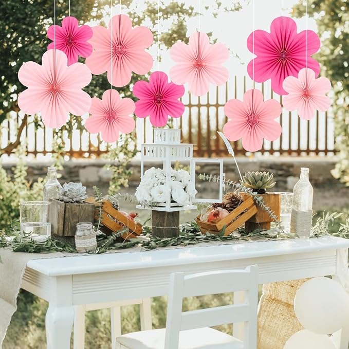 SUNBEAUTY Paper Flowers Decoration, Set of 9 - Hot Pink Paper Flower for Wall Hanging Ornaments, Party Fans & Floral Backdrop for Weddings Baby Showers Birthdays Valentine Mother's Day & More