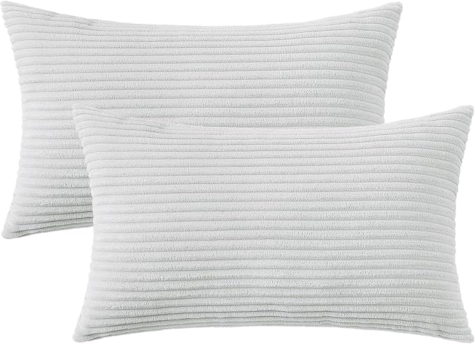 Mecatny Corduroy Decorative Throw Pillow Covers 12x20 Set of 2 Grey | Soft Striped Texture, Hidden Zipper Design, Neutral Boho Lumbar Pillow Cases for Sofa Couch Living Room Bedroom, Home Décor