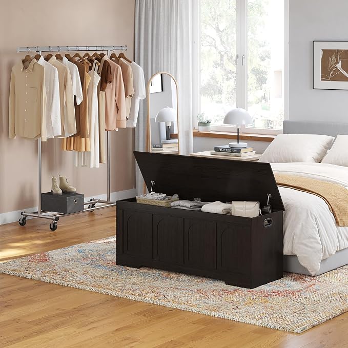 Storage Chest, Wooden Toy Box, Espresso 47.2" L | Entryway Shoe Bench, 2 Soft-close Hinges, Finger-safe Flip-Top Lid, Easy Assembly, Farmhouse Large Trunk, Living Room/Bedroom