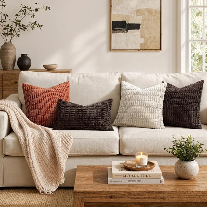 MIULEE Corduroy Decorative Throw Pillow Covers 16x16 Dark Brown Pack of 2 | Soft Boho Striped Pillow Covers Modern Farmhouse Fall Home Decor For Sofa Living Room Couch Bed