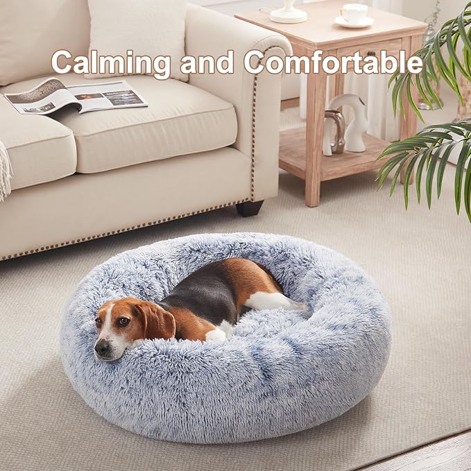 33 in Faux Fur Fluffy Donut Dog Bed for Medium Plus Dogs,Dark Blue | Calming Plush Round Pet Bed with Removable & Washable Cover,Fits up to 65 lbs Pets