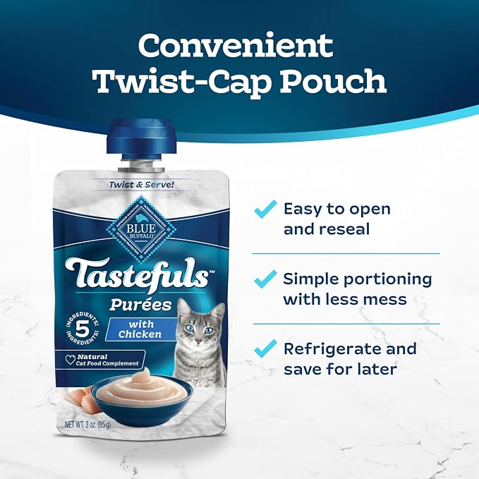 Blue Buffalo Tastefuls Purees Chicken Cat Food Topper, 3 oz, 12 ct | Resealable Twist Cap, Serve Over Food or as a Snack, Cat Food Complement