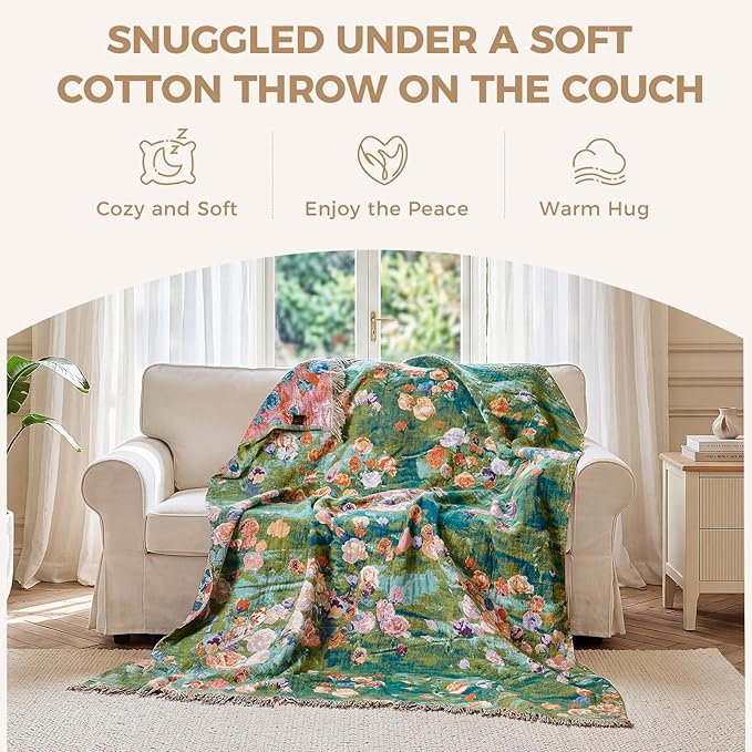 LUTBM Boho Throw Blanket for Couch Chair 50"x60", Cotton Cozy Bed Blankets | Reversible Green Garden Jacquard, All-Season, Decorative Throw for Sofa Chair Living Room, Lightweight Breathable, Home Decor