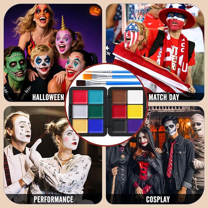 16 Colors Face & Body Paint - Blendable Facepaint Foundation with Sponge & Brush for Skin, Professional Halloween Face Make-up Kit for Zombie Clown Joker Vampire Skeleton Camo USA Flag Bruise Costume