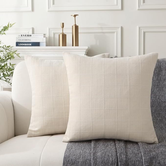 18" x 18" Decorative Throw Pillow with Inserts, Set of 2 Modern Neutral Farmhouse Vintage Throw Pillows, Square Boho Pillow for Couch, Bed, Sofa Decor (Beige, 18" x 18"(Pack of 2))
