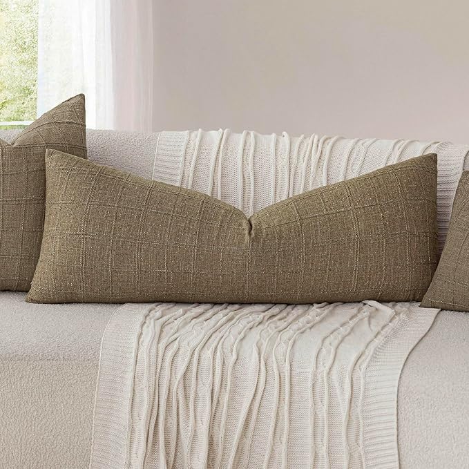 Foindtower Set of 2 Decorative Linen Check Throw Pillow Covers Neutral Long Body Lumbar Cushion Covers Farmhouse Vintage Boho Home Decor For Sofa Chair Couch Bedroom Living Room,14×36 Inch,Light Brown