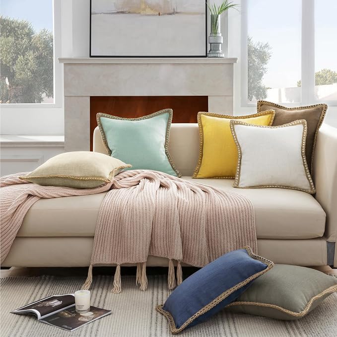 Phantoscope Pack of 2 Farmhouse Decorative Solid Throw Decorative Pillow Cover Burlap Linen Trimmed Tailored Edges Coffee 20 x 20 inches, 50 x 50 cm
