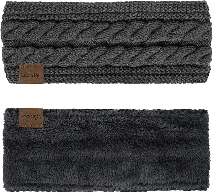 Loritta 2 Pack Headbands for Women Winter Warm Cable Knit Ear Warmer Thick Head Wrap Fuzzy Fleece Lined Gifts