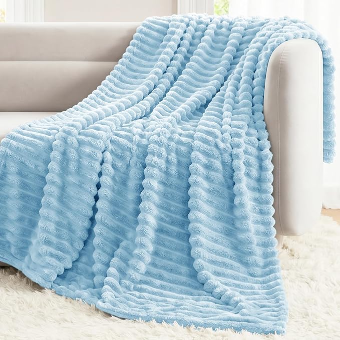 Light Blue Throw Blanket for Couch & Bed, 50 x 60 Inch | 300GSM Ribbed Fleece Blanket, Soft, Cozy & Lightweight, OEKO-TEX Certified, All-Season Use for Travel, Dorm & Home Decor