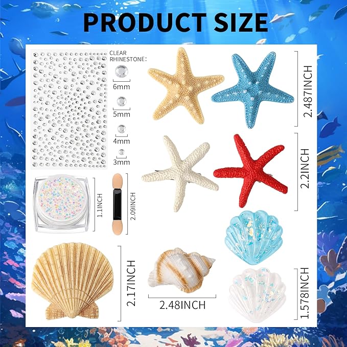 YGDZ Mermaid Hair Accessories, Starfish Hair Clips, Seashell Hair Clip, Face Body Glitter, Face Gems, for Mermaid Costume Women, Halloween Mermaid Outfit
