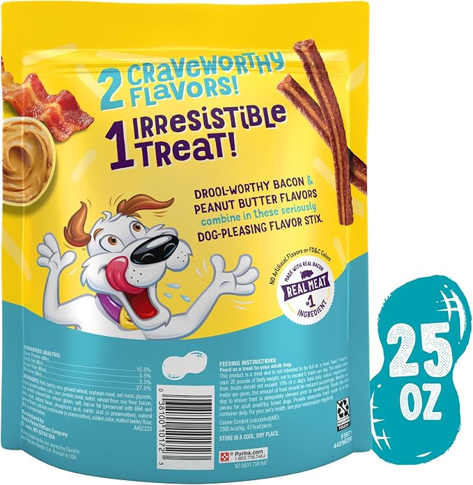 Purina Beggin' Flavor Stix Dog Treats, 25 oz Pouch | With Bacon & Peanut Butter Flavor, real meat dog chews, no artificial colors