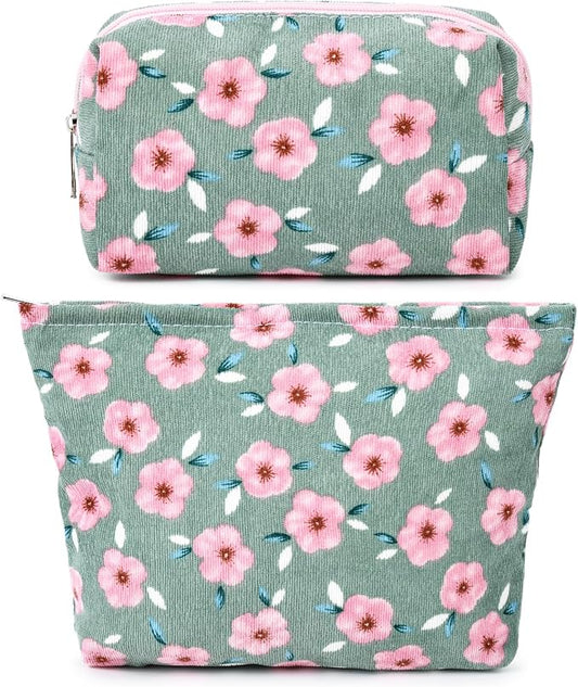 SOIDRAM 2 Pieces Sakura Makeup Bag Large Cosmetic Bag Capacity Canvas Mix Travel Toiletry Bag Organizer Cute Makeup Brushes Aesthetic Accessories Storage Bag for Women, Sakura Mix Green