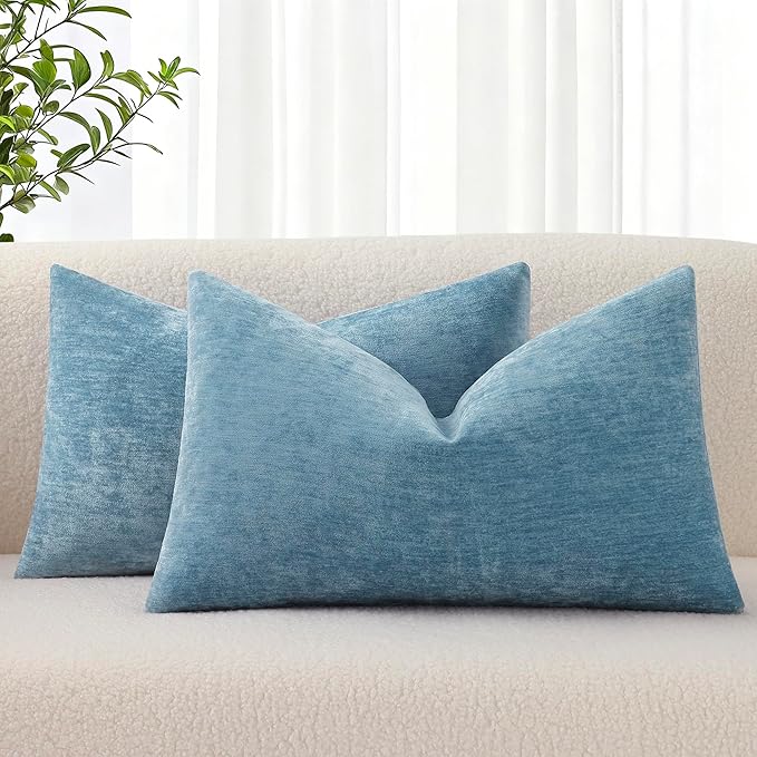 decorUhome Soft Chenille Grey Blue Throw Pillow Covers 12X20 Set of 2 | Decorative Fall Couch Pillow Covers Solid Dyed Accent Modern Farmhouse Neutral Rectangle Pillow Cases for Sofa