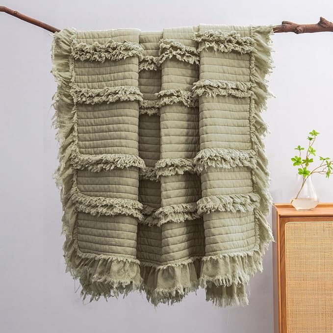 Ultra Soft Pre-Washed Quilted Boho Olive Green King Size Blankets for Bed, Green Ruffle Fringed Decorative Throw, Stone Washed Chic Rustic Blanket for Sofa Couch Bed, 104"*90"