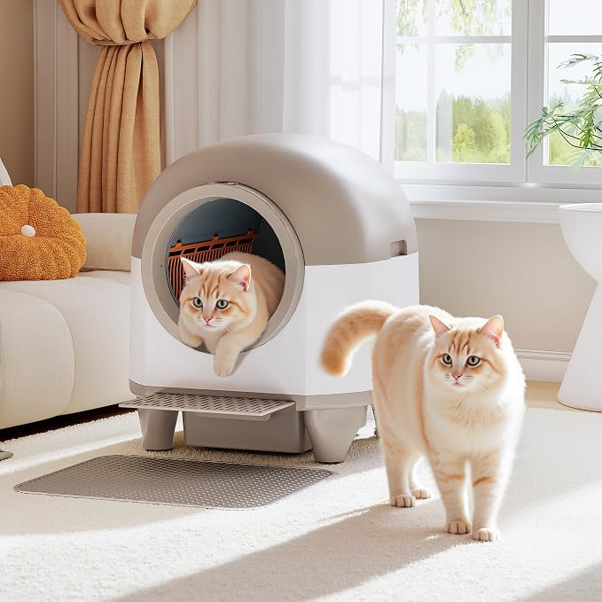 WARCAT Self-Cleaning Litter Box – 90L, APP, Sensors, Brown | 90L large capacity for multiple cats. APP-controlled with smart sensors. Safety protection. Includes mat & 1 garbage bag.