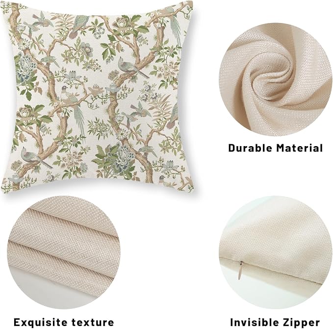 Green Floral Bird Pillow Covers 22x22 Set of 2 Chinoiserie Throw Pillows Green Vintage Flowers Bird Decorative Pillow Cases Outdoor Chinoiserie Decor Farmhouse Cushion Case for Couch Sofa